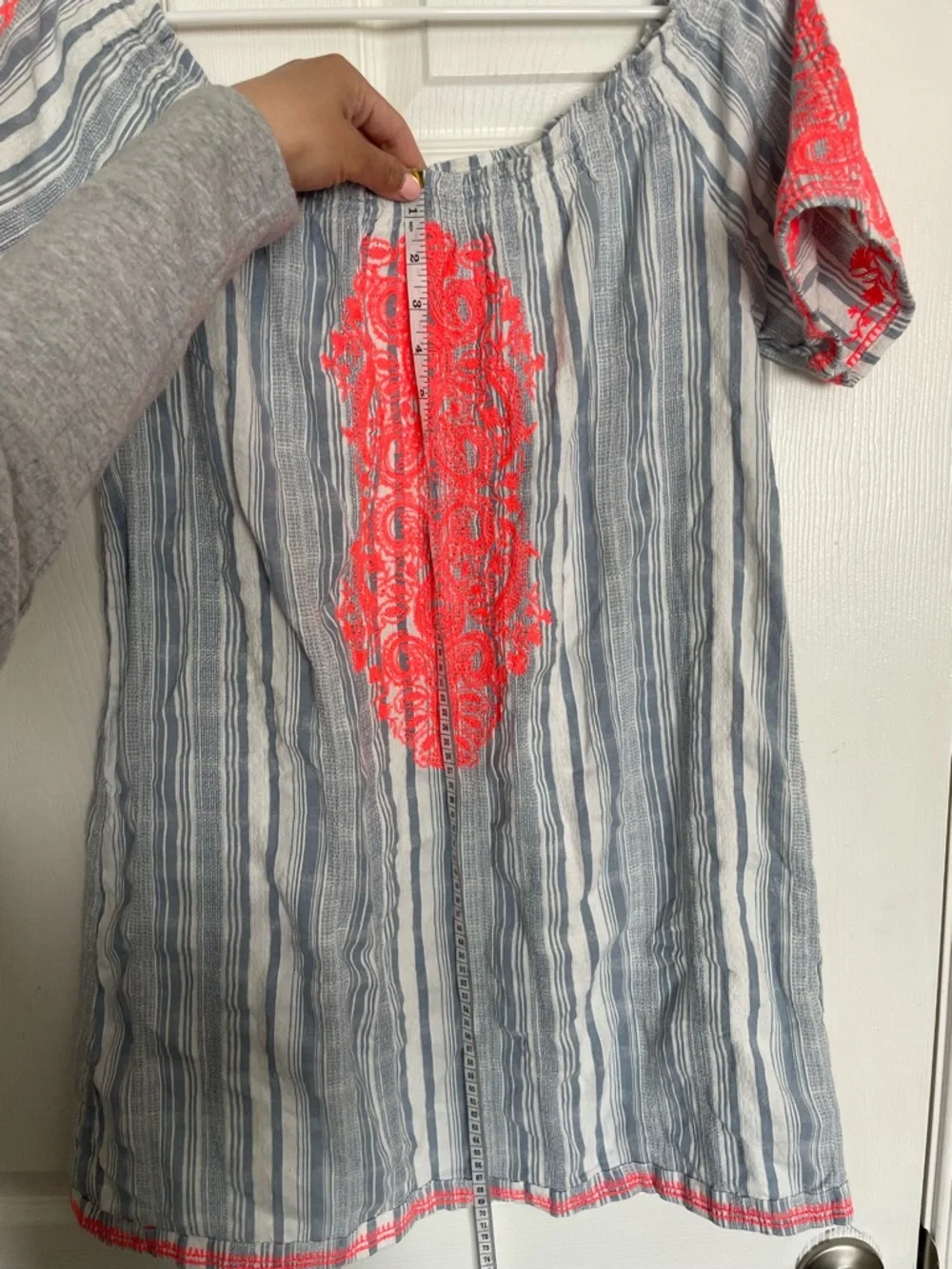 Blue Island Women’s Large Striped Off-Shoulder Dress with Neon Coral Embroidery - Picture 8 of 10